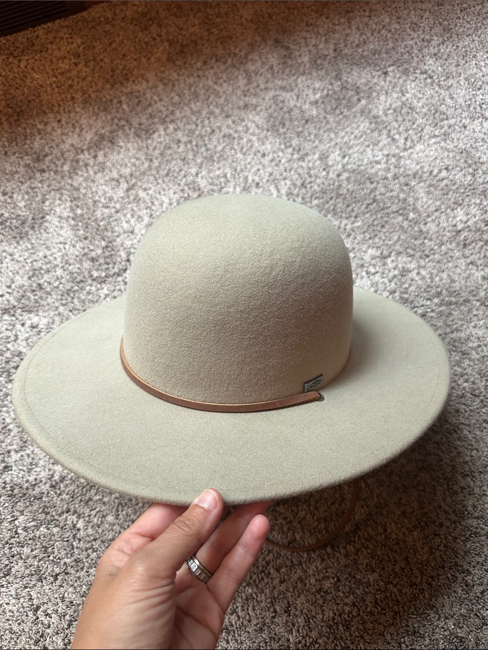 Womens Cream Felt Wide-Brim Hat with Leather Band